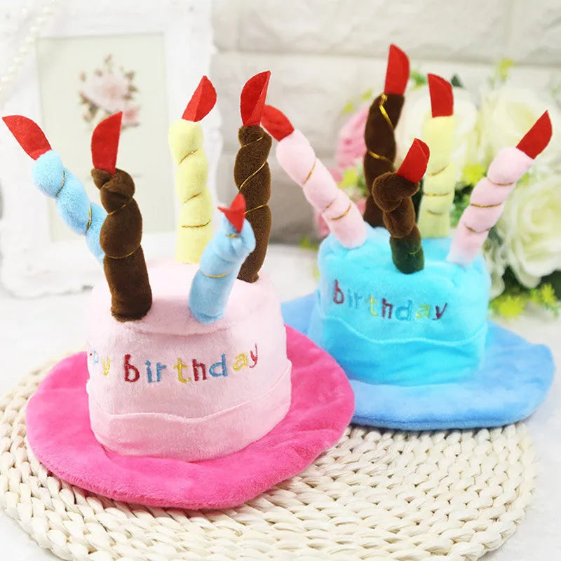 Blue and pink coloured toy birthday hat for dogs on a white background.