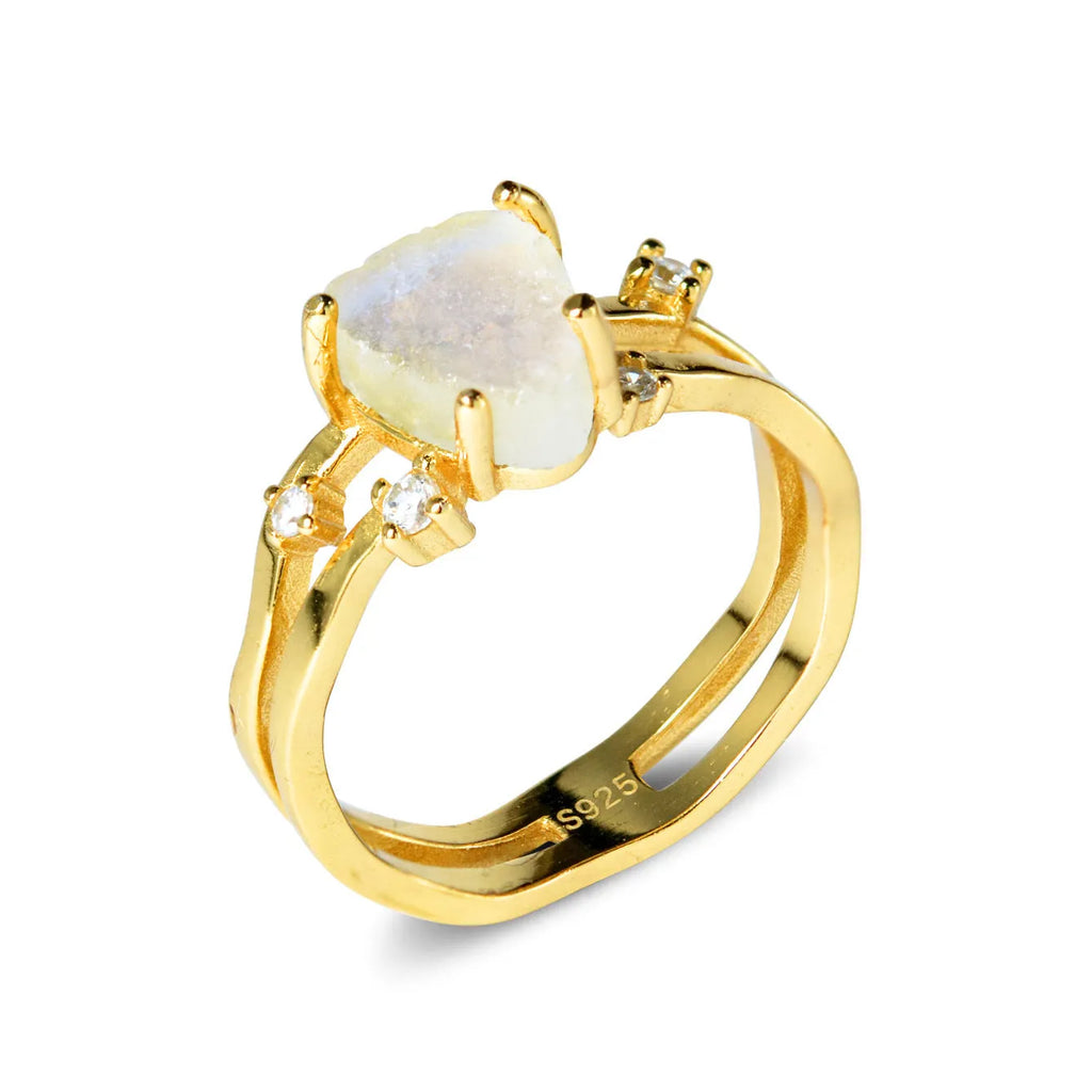 S925 sterling silver irregular triangle ring with moonstone in rose, white, or yellow gold finish.