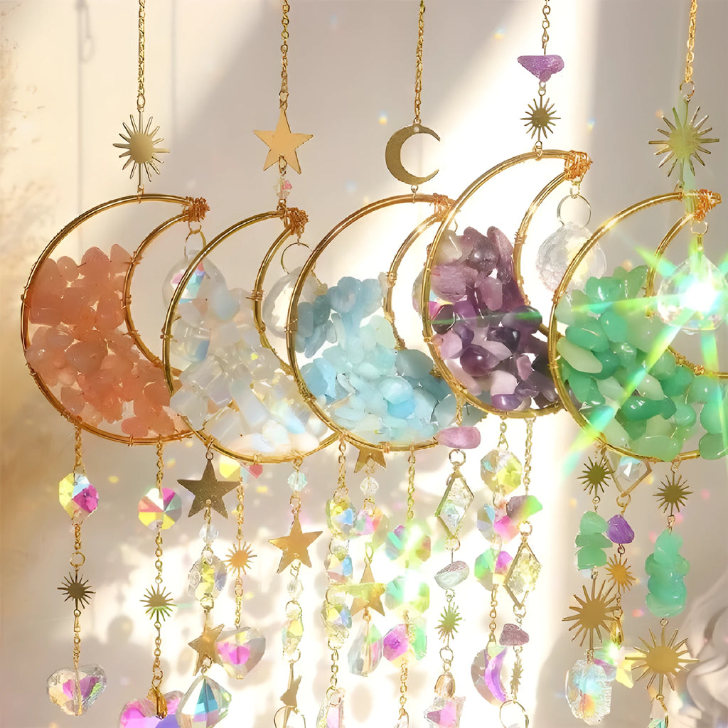 Crystal moon pendant car accessory with 100mm diameter and 420mm hanging chain in five colour options
