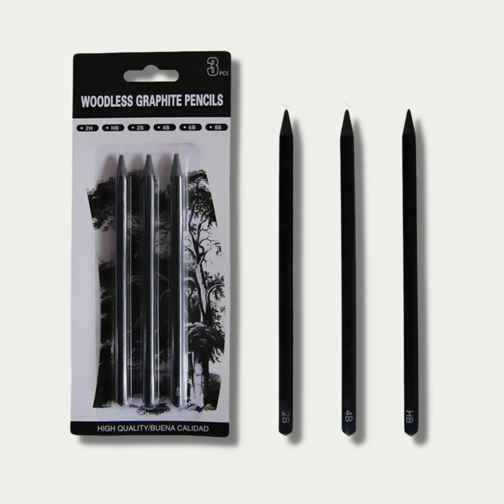 Set of six wood-free graphite sketching pencils showing HB, 2B, 4B, 6B, 8B and EE grades