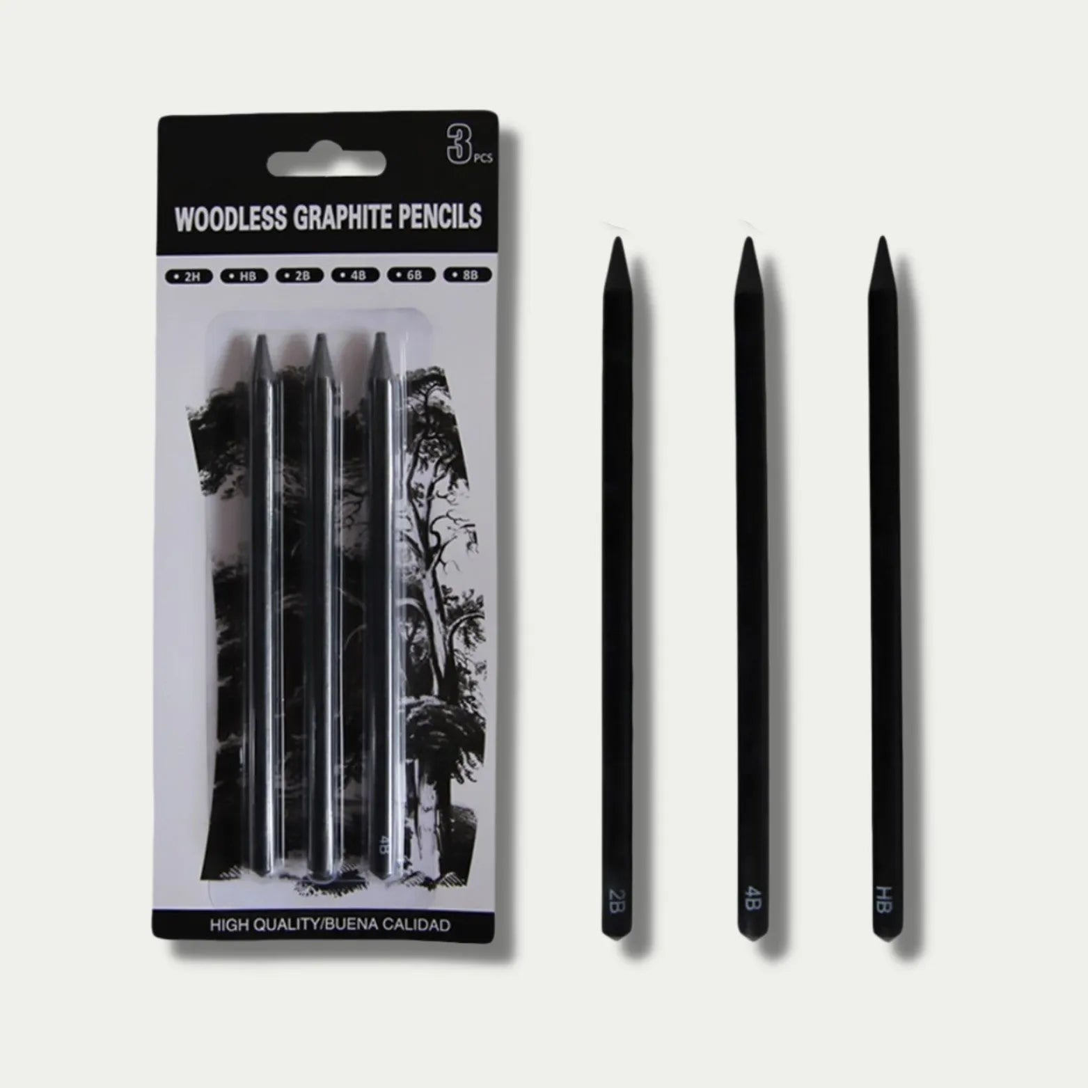 Set of six wood-free graphite sketching pencils showing HB, 2B, 4B, 6B, 8B and EE grades