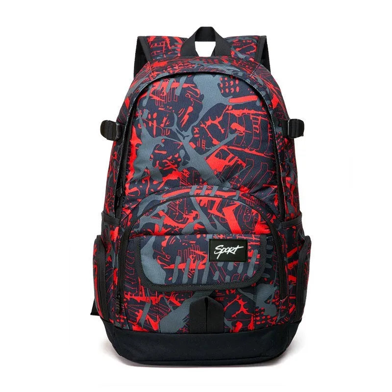 Blue or red classic nylon backpack showing large capacity design for school, travel, and outdoor use.