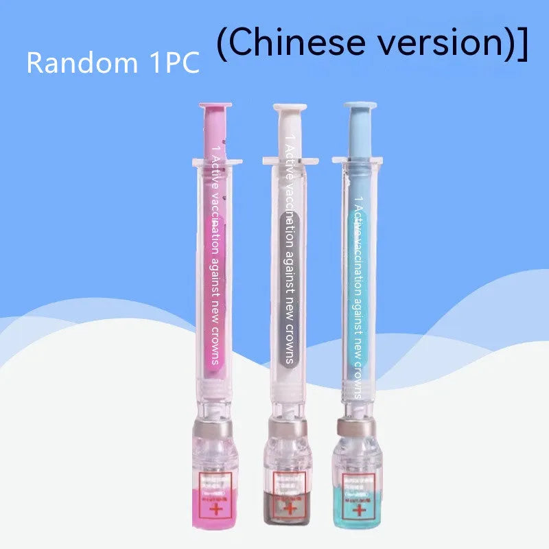Vaccine design novelty gel pen with 0.5mm black refill, plastic construction, 15.7cm length