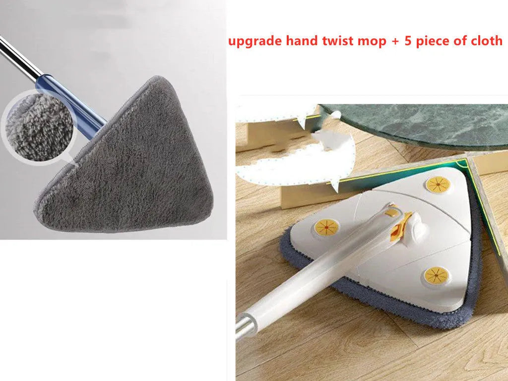 Extendable triangle cleaning mop with 360-degree rotating head and stainless steel pole