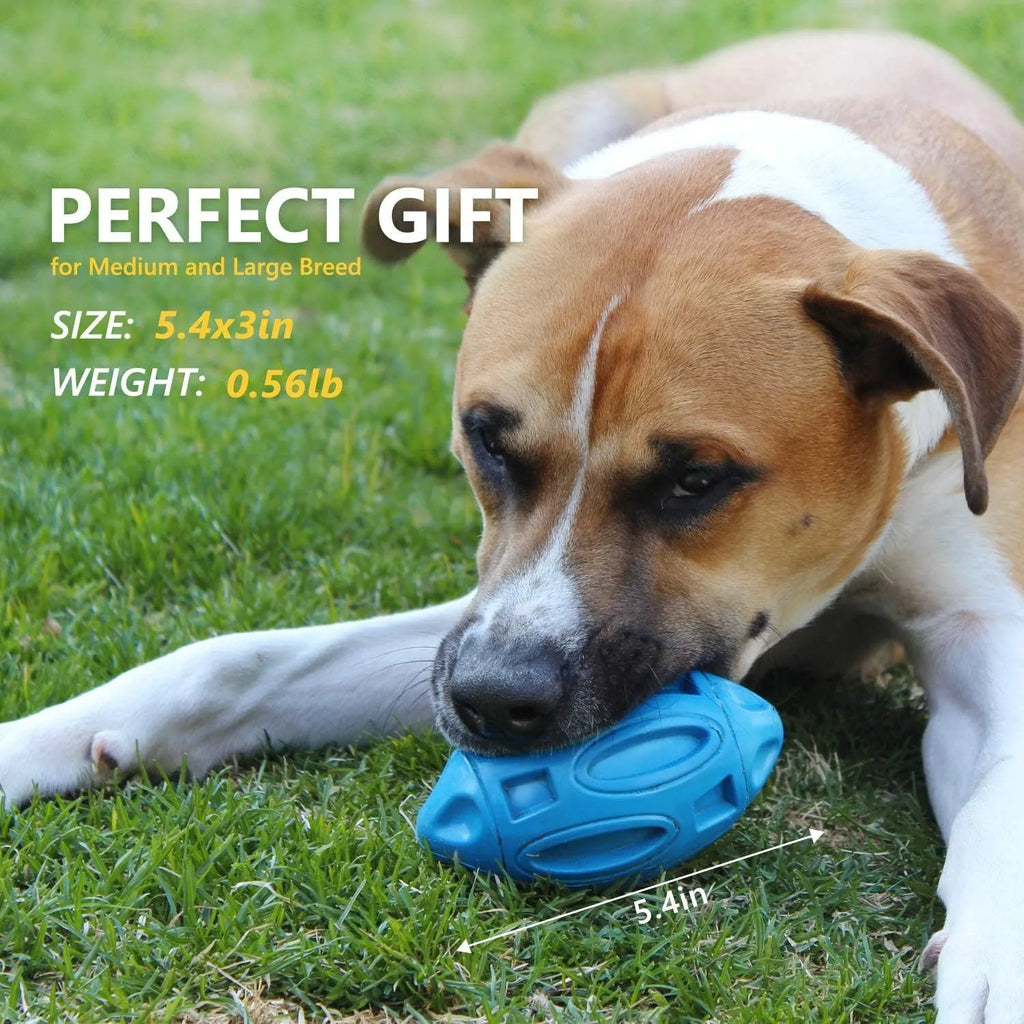 Blue durable rubber squeaky dog ball with surface grooves for aggressive chewers