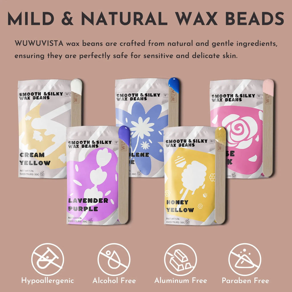 52-piece professional waxing kit showing hard wax beans, wax warmer, application sticks, post-care lotion and ice masks for sensitive skin hair removal.