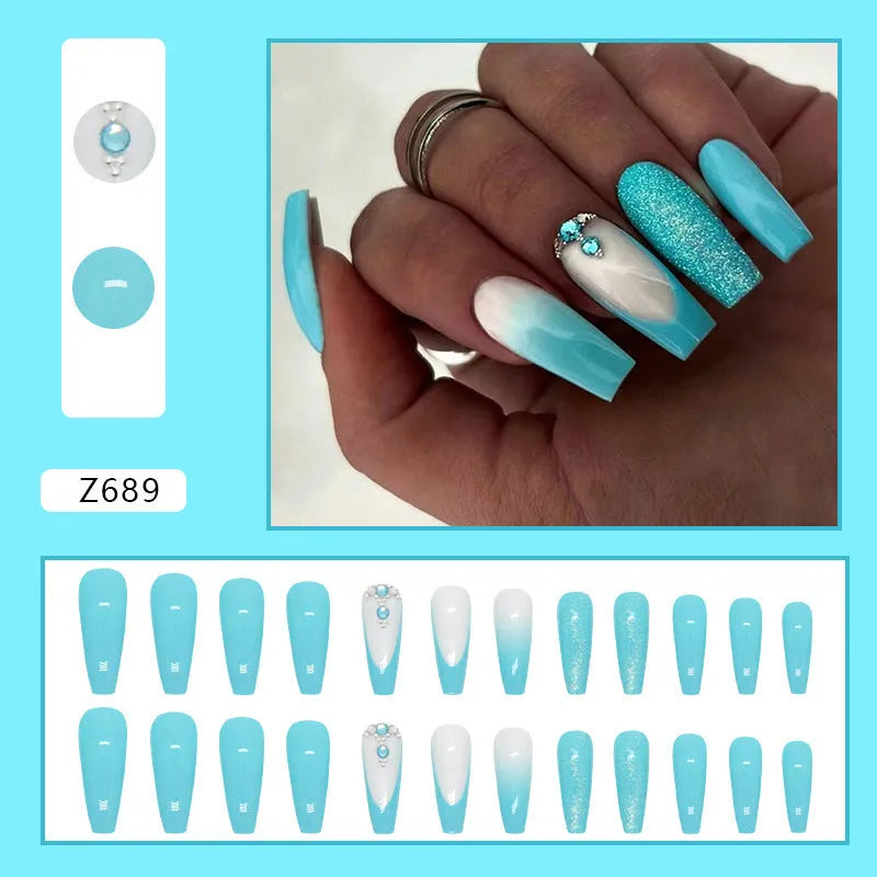 Solid colour long ballet false nails with blue diamond glitter for ladies European style