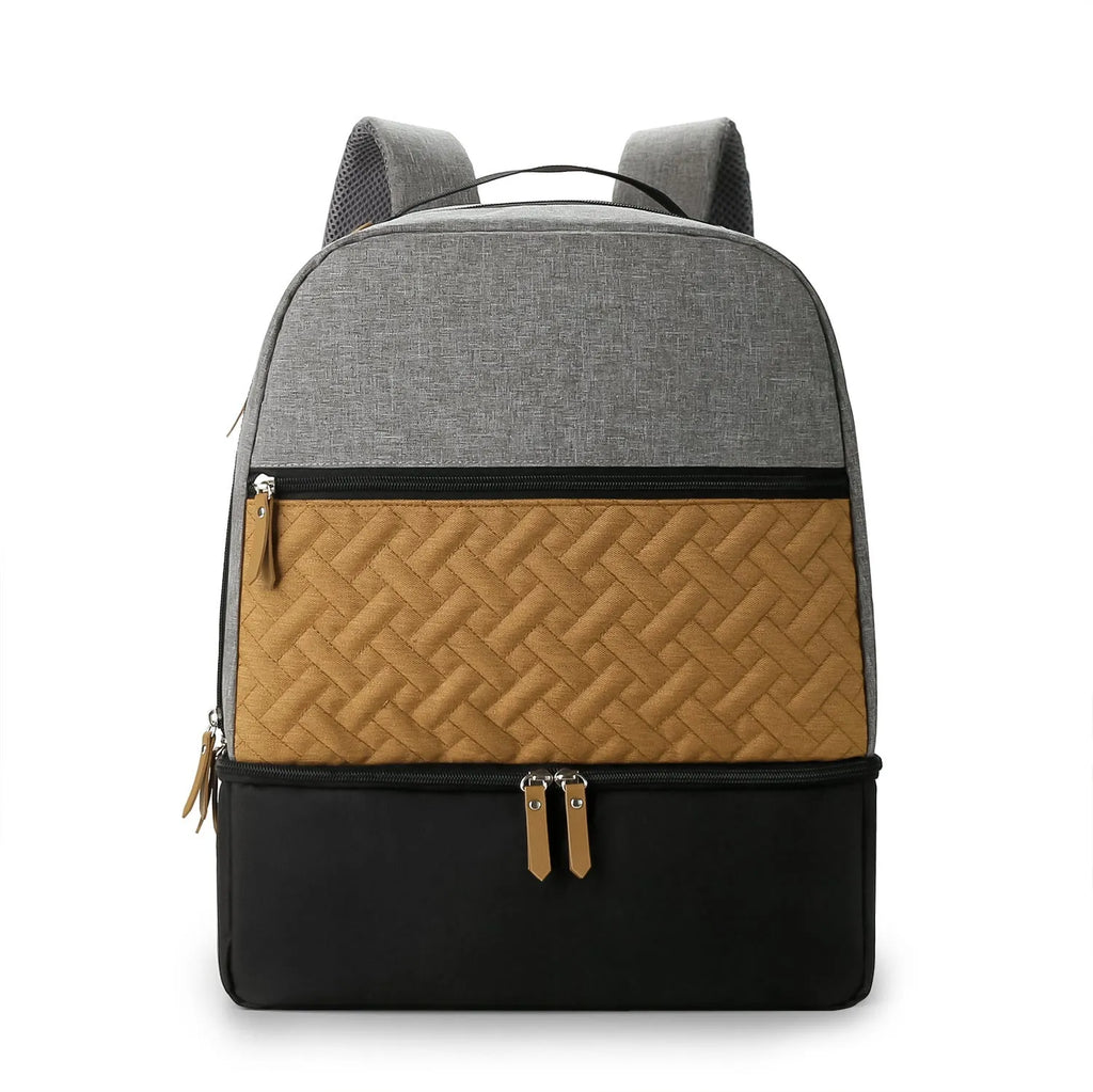 Grey insulated mother and child travel mummy backpack with curved shoulder straps and multiple compartments