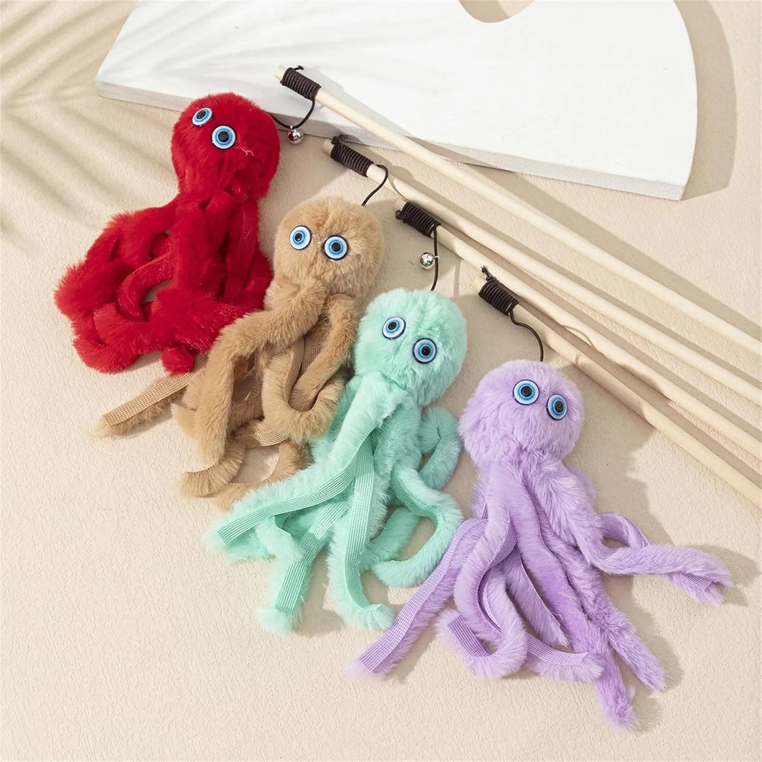 Long stick cat wand with colourful furry octopus toy for indoor kittens and cats