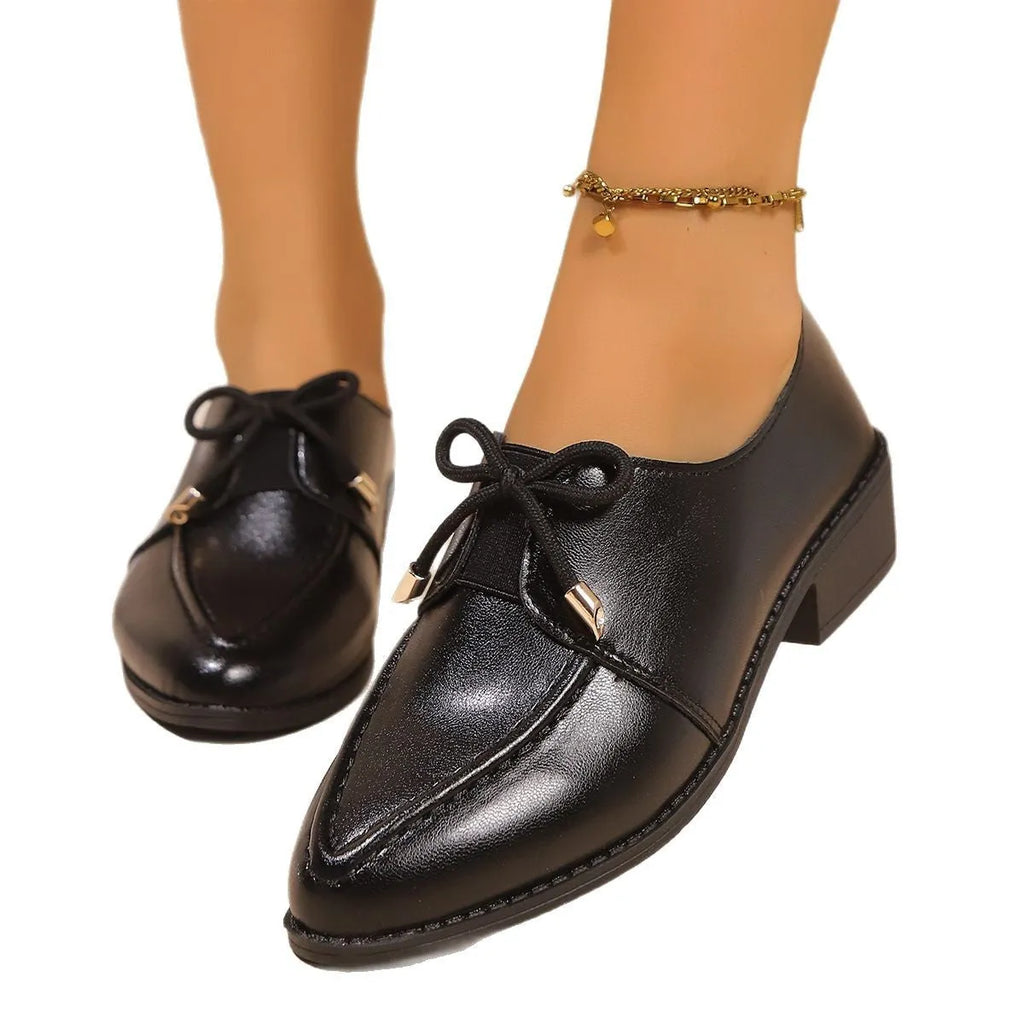 Women's British-style leather flats with bow decoration and rubber sole