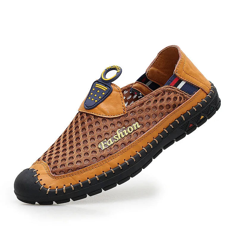 Men's brown casual shoes with mesh upper and rubber soles