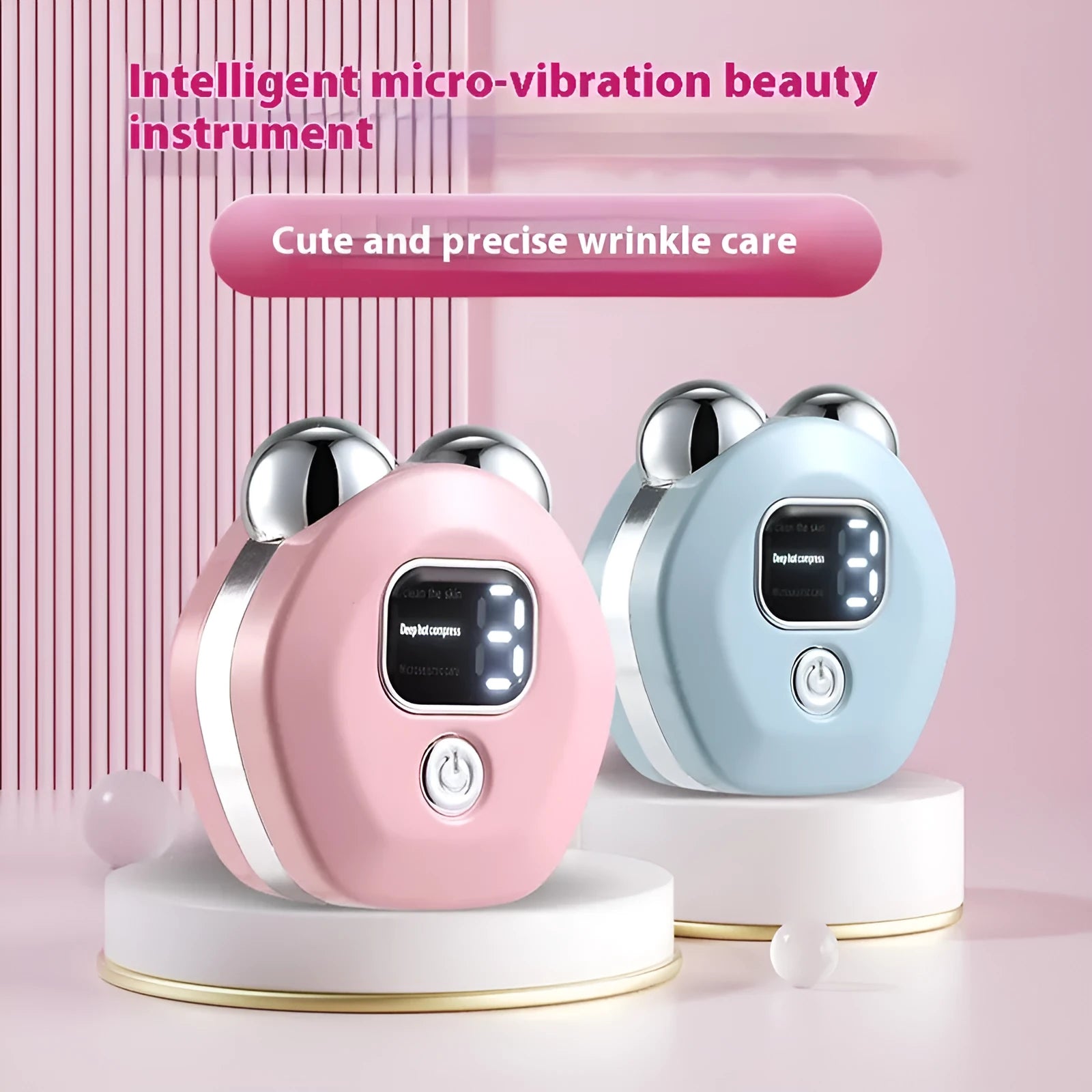 Portable white facial massage instrument with micro current and heated double-rollers on pink background