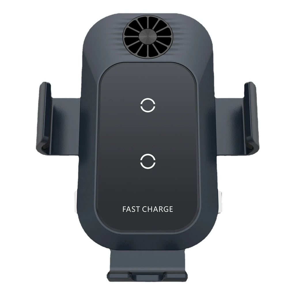 C35 grey car wireless charger phone holder mounted on air vent with automatic clamping arms and Type-C cable.