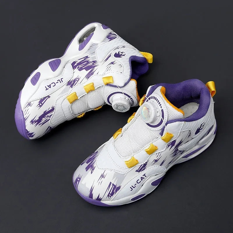 Children's basketball shoes with rotating button fastening in multiple colours, showing synthetic leather upper and PU sole