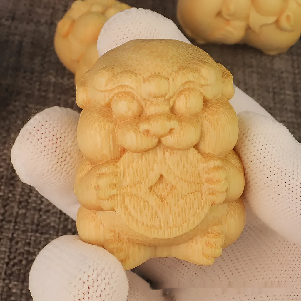 Solid bamboo carving ornament with Take Money design measuring 4.5cm high and 3.5cm diameter