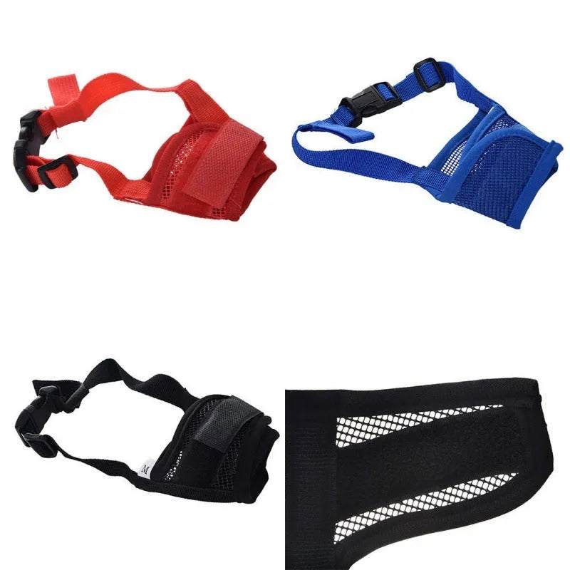 A black adjustable plastic mesh dog muzzle shown on a size chart with options for blue, pink, purple, and red.