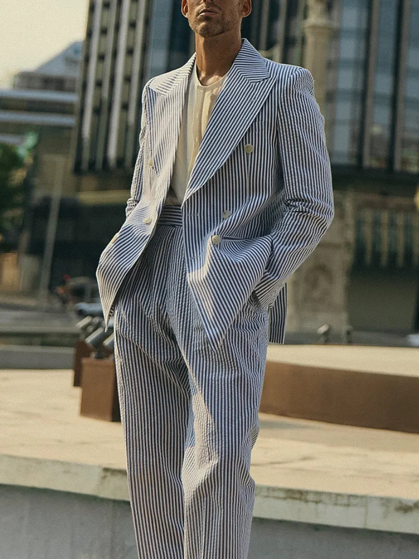 Blue and white striped men's suit set with blazer and trousers on a mannequin