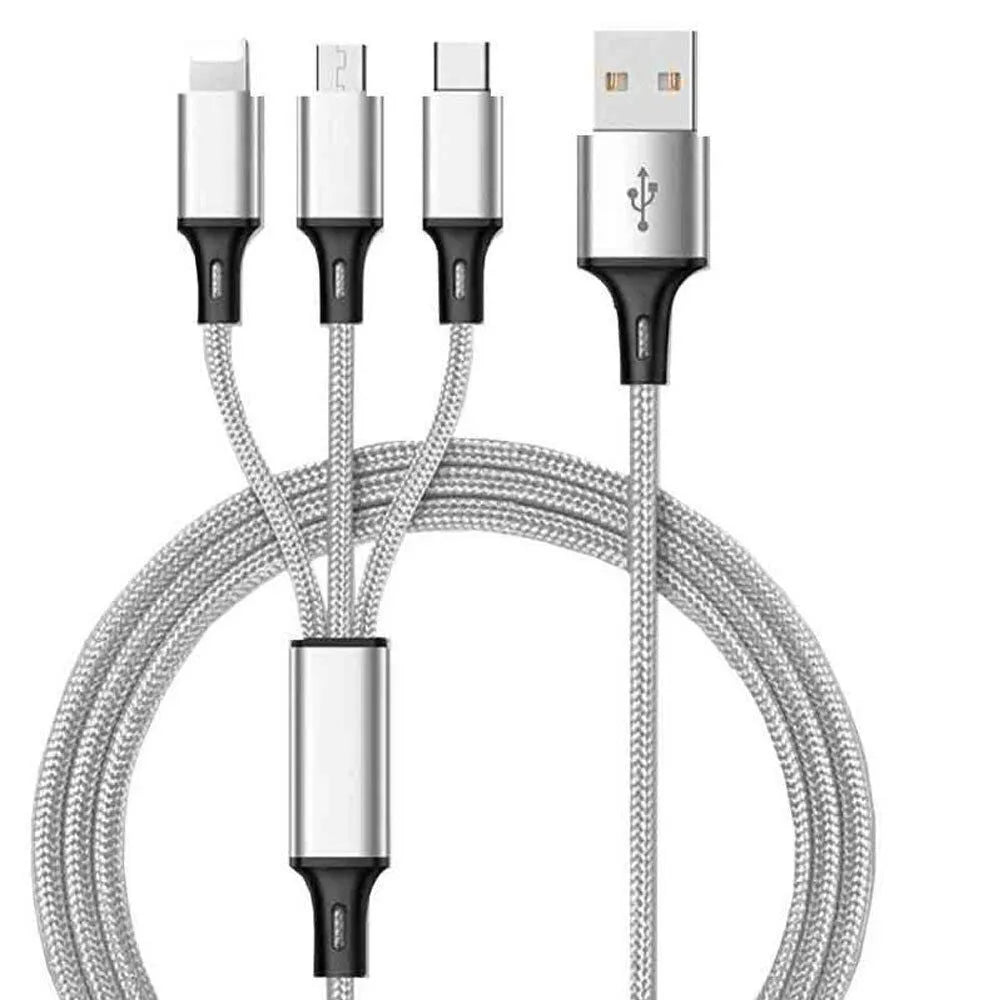 Braided 3-in-1 universal USB data cable in multiple colours, showing iPhone, Android, and Type-C connectors.