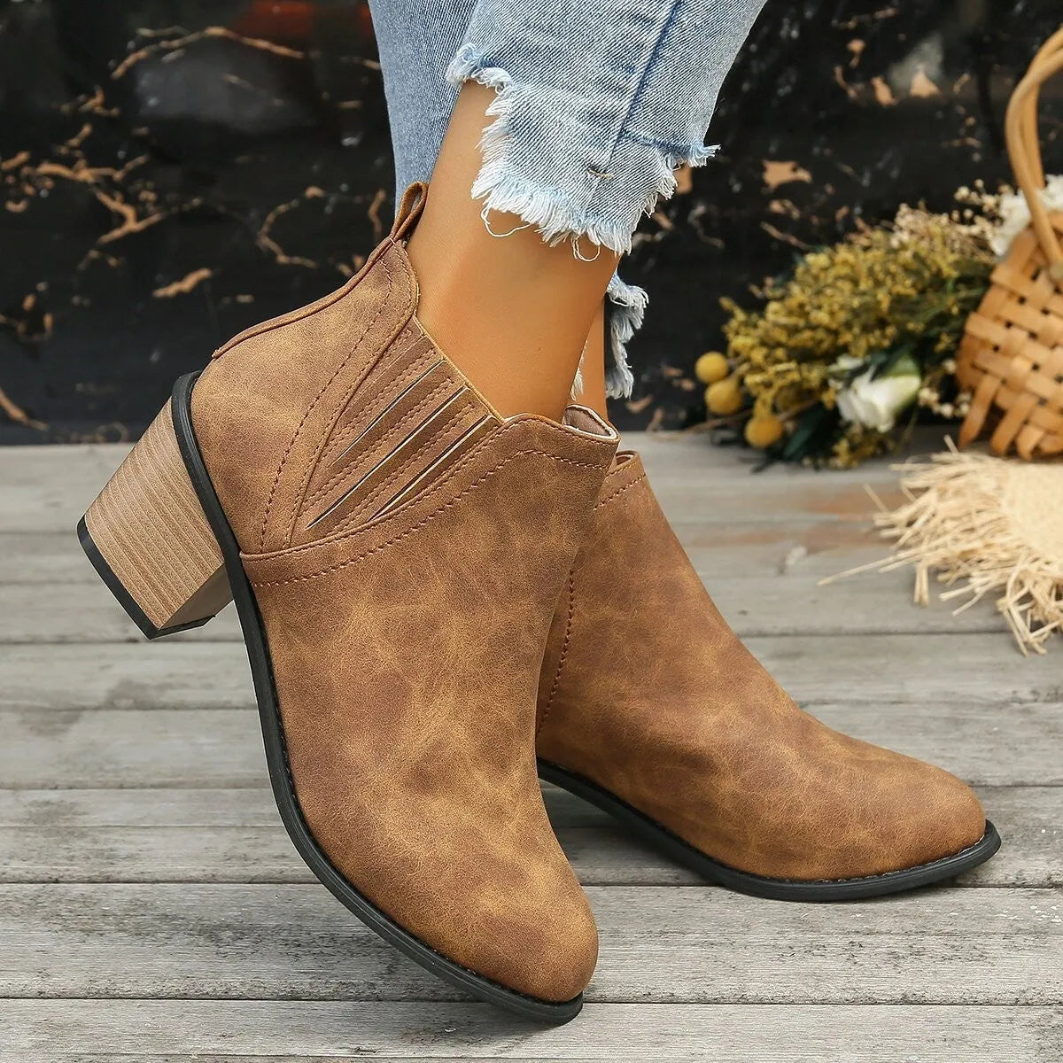 Women's black ankle boots with pointed toe and thick square heel, slip-on design for autumn winter wear