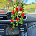 Knitted green and white car plant decoration with hanging rope
