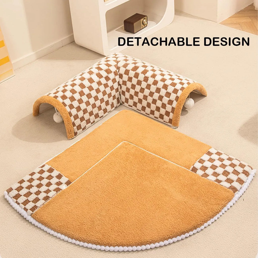 XL fan-shaped plaid pet bed tunnel for dogs and cats in plush fabric with anti-slip base