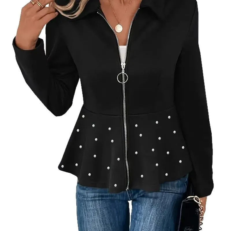 Women's loose fit coat with beaded zipper and ruffle hem in regenerated cellulose fibre blend