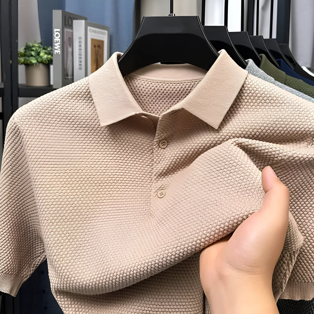 Men's loose fit grey cotton short sleeve pullover sweater on a hanger