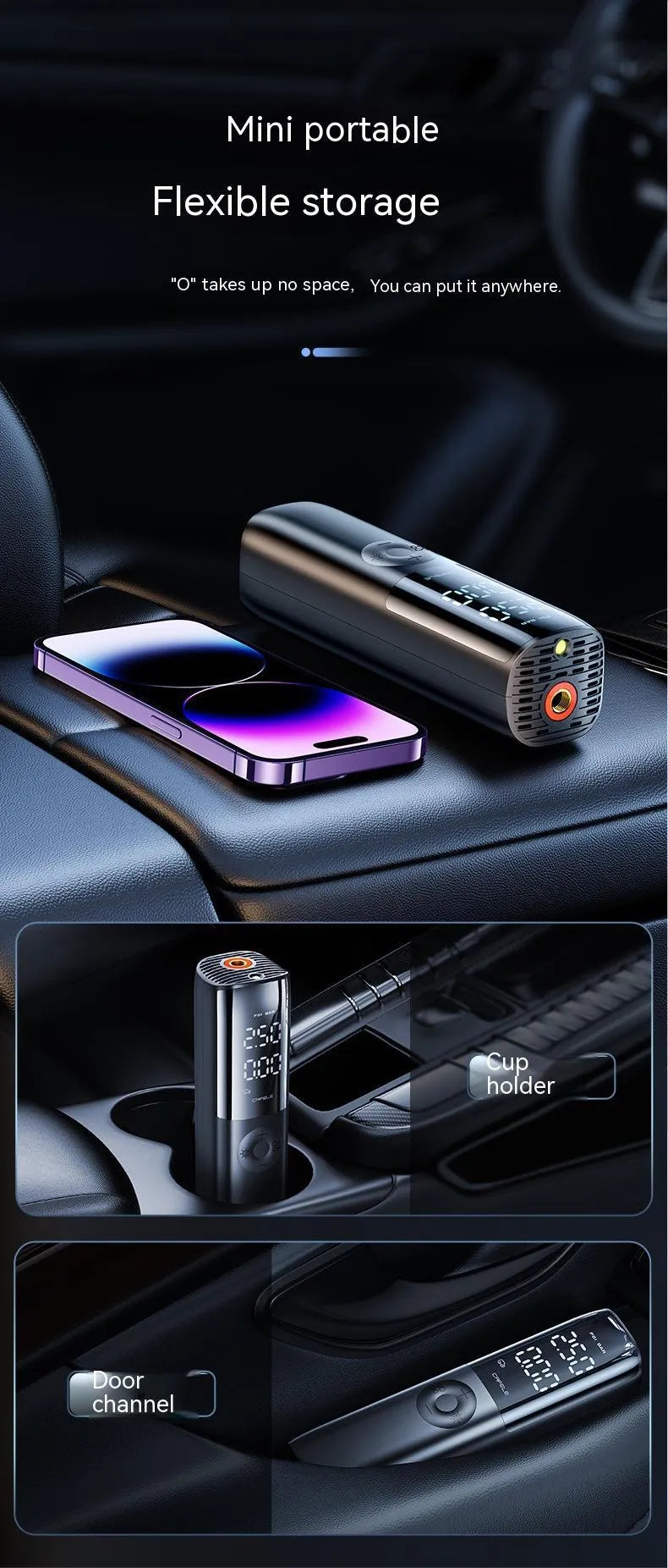 Black portable electric car air pump with built-in pressure gauge and power plug for 12V/24V vehicles.