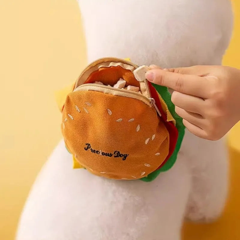 Cartoon hamburger print adjustable vest leash harness for a dog, connected to a walking rope.