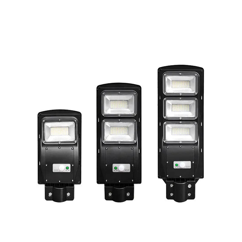 Integrated solar street light with 60W LED panel and remote control for outdoor pathway illumination.