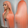 Light orange long straight synthetic wig with front lace and side bangs on display