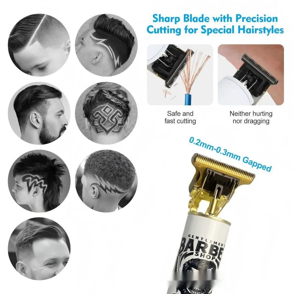 Rechargeable hair clipper with stainless steel blades and 4 guard attachments on plastic body