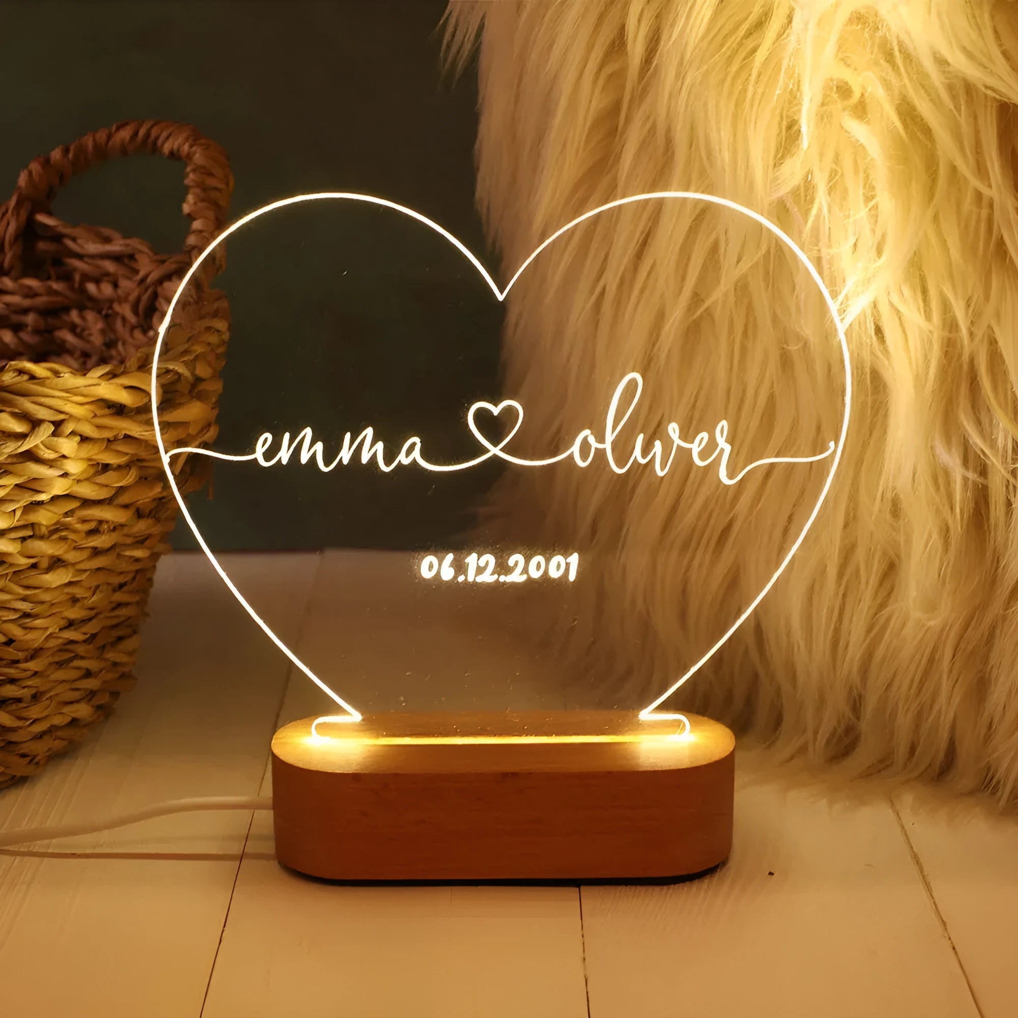 Custom acrylic LED night light with engraved names and date, 20cm by 11.5cm transparent modern art decor