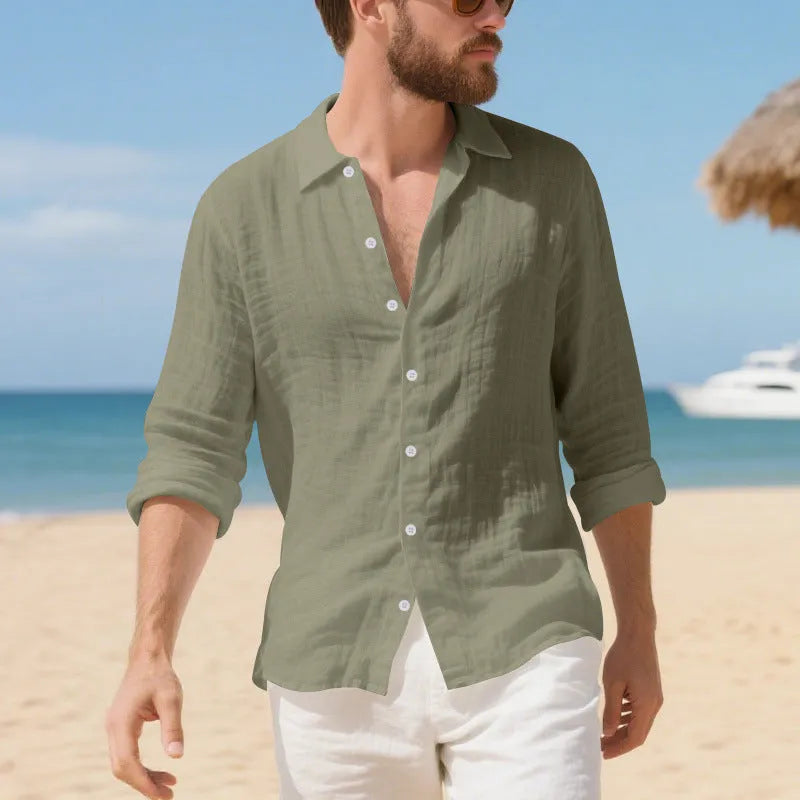 Linen Hawaiian casual shirt in loose American style with non-ironing feature