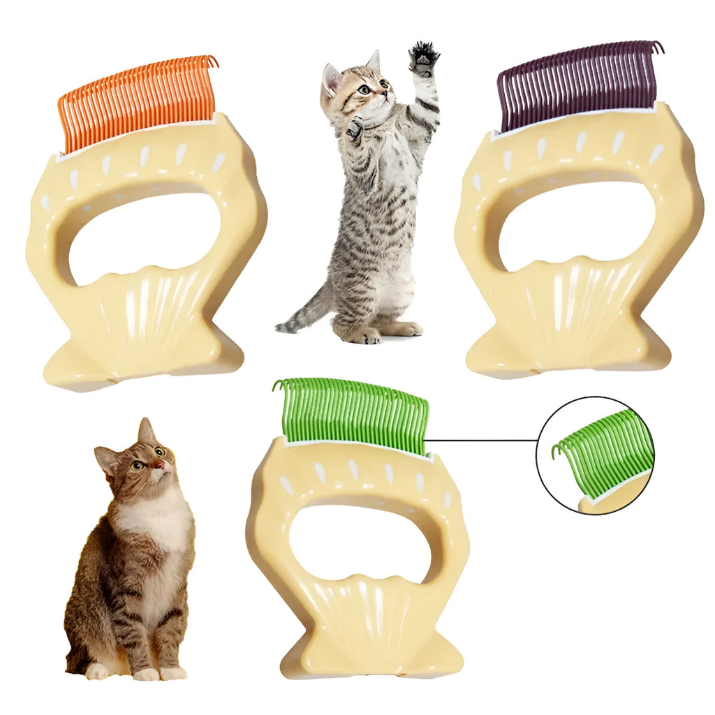 Green shell-shaped pet grooming brush with fine bent wire bristles and an anti-slip handle.