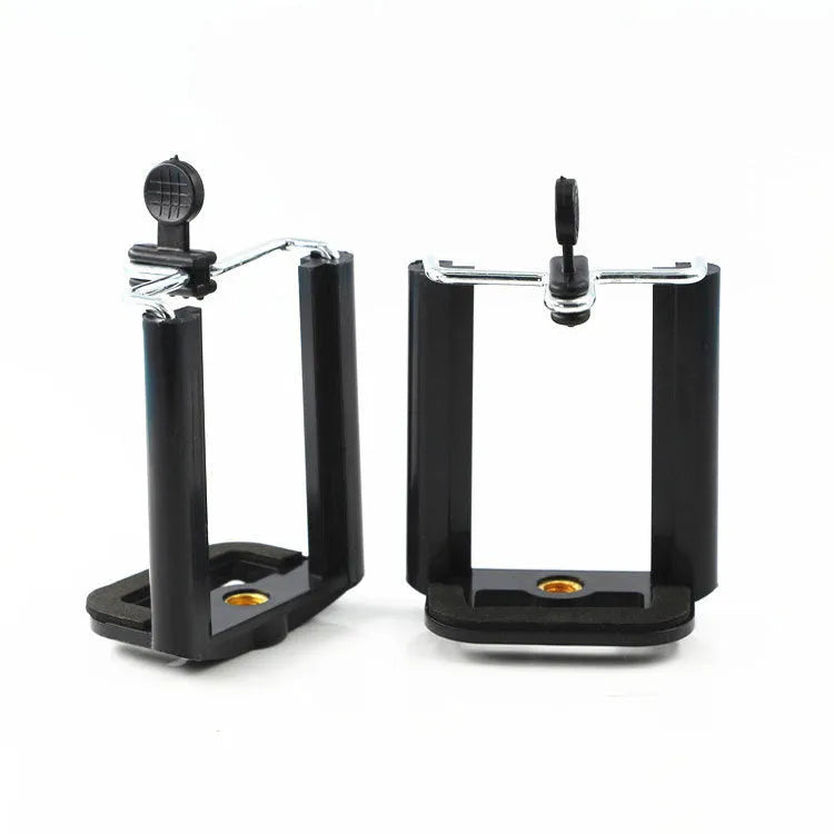 Black plastic U clip phone holder with adjustable hose bracket for mounting a mobile phone.