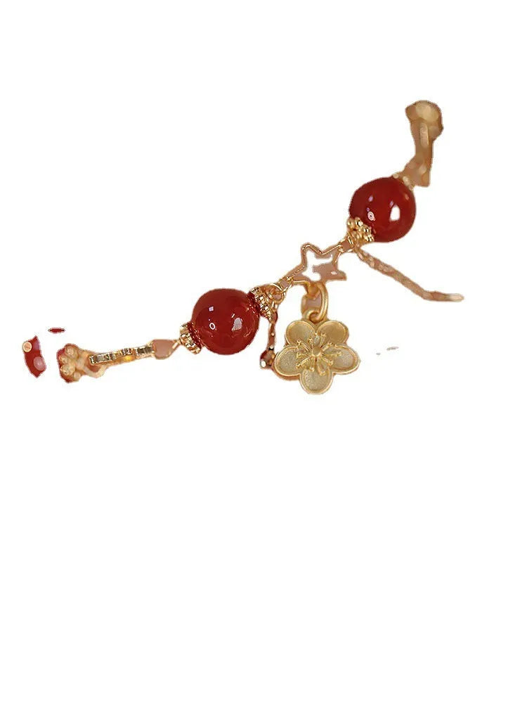 Red agate double layer bracelet with handcrafted peach blossom floral design
