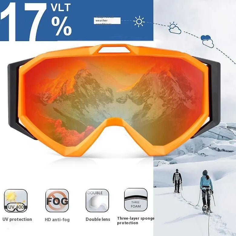 Motorcycle goggles with double-layer anti-fog lenses in a black frame with gray film, shown with its storage cloth bag.