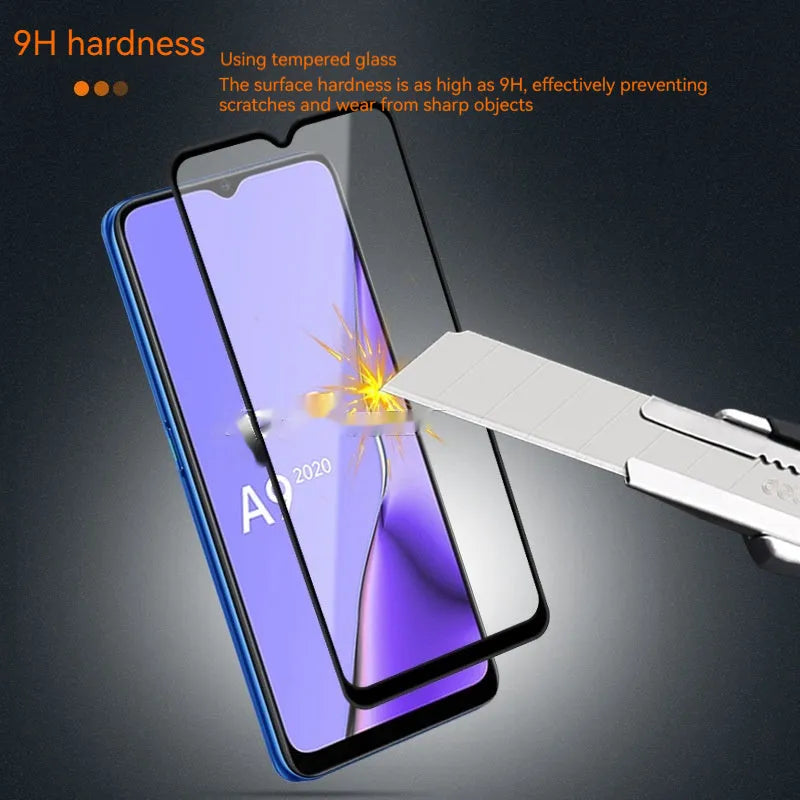 OPPO A9 2020 full glue black tempered glass screen protector shown on a phone.
