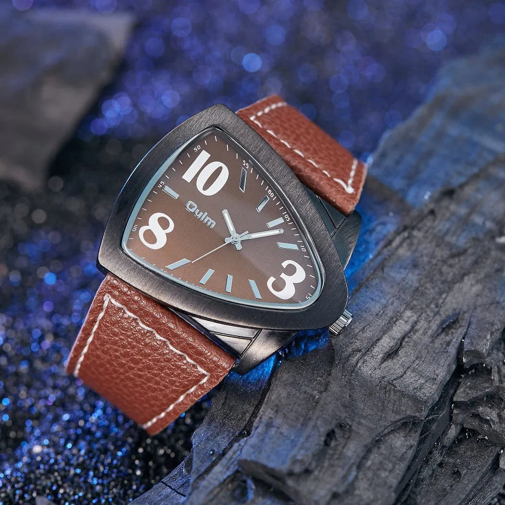 Men's casual quartz watch with triangle belt detail on case and brown leather strap, showing slim 9mm profile.