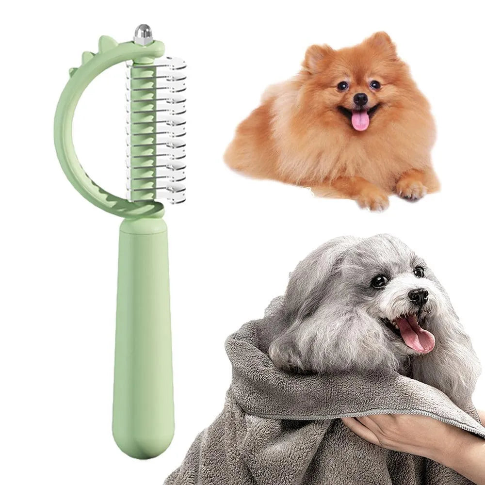 Blue dinosaur-shaped cat brush with stainless steel bristles for self-cleaning grooming