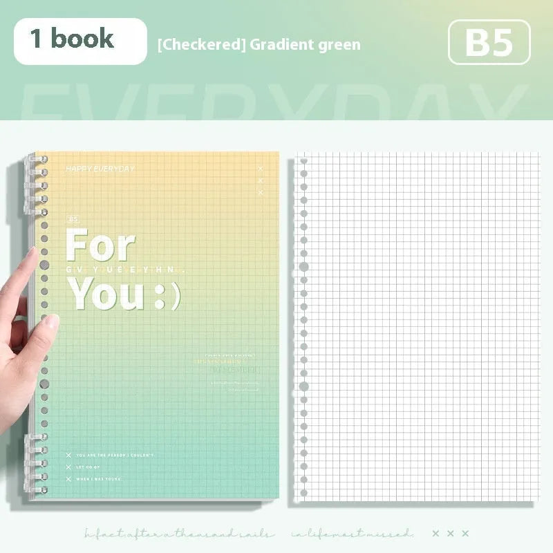 A4 and B5 removable coil notebooks with gradient coloured PP covers in green, blue, pink, and purple.