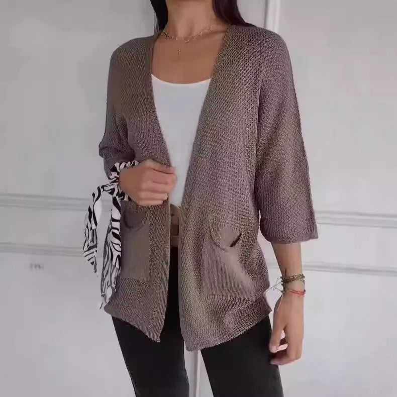 Women's waffle knit cardigan coat in army green with nine-quarter sleeves and pockets