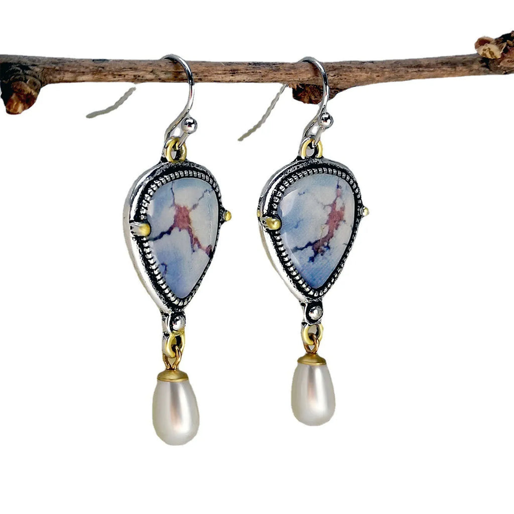 Retro blue geometric drop earrings with synthetic blue opal and white pearl accents