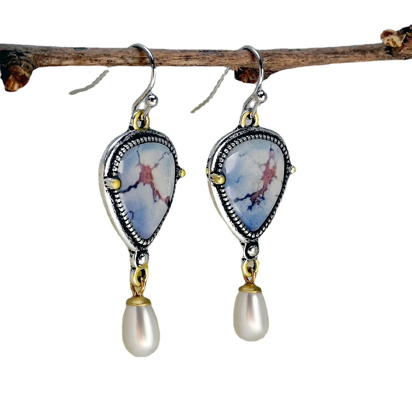 Retro blue geometric drop earrings with synthetic blue opal and white pearl accents