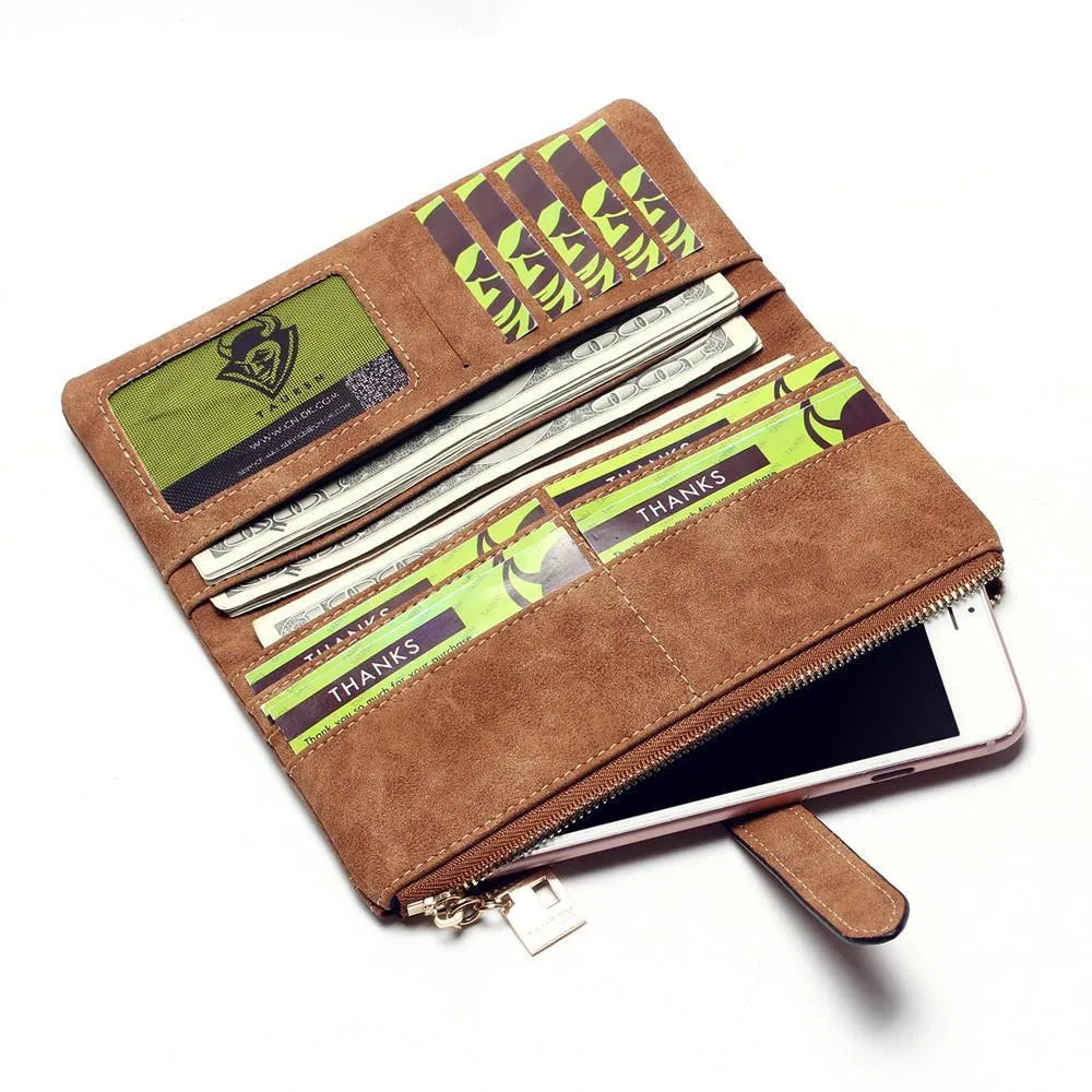 Women's long retro matte Pu leather two-fold zip wallet in vintage style with card slots and coin purse