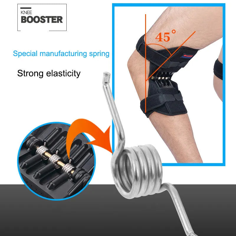 Adjustable knee brace support with spring mechanism and breathable fabric for sports