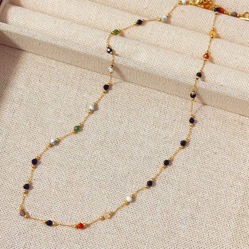 Gold titanium steel necklace with natural stone pendant on O-ring chain