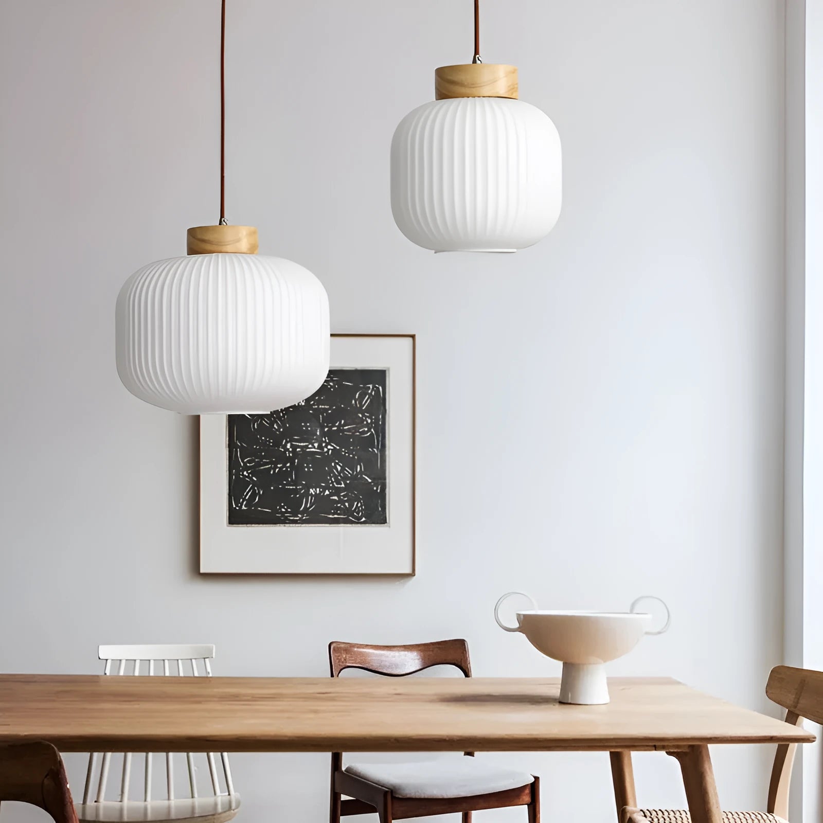 Chinese wooden pendant light with bamboo frame in retro bedroom setting showing three size options