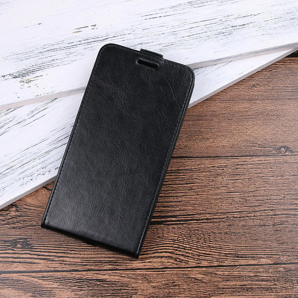 Huawei Honor 7X leather wallet phone case in black with a textured crazy horse pattern and card slot.